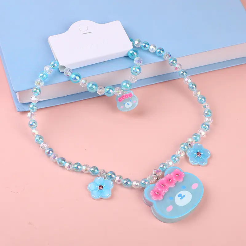 Bear head flower children's necklace-blu