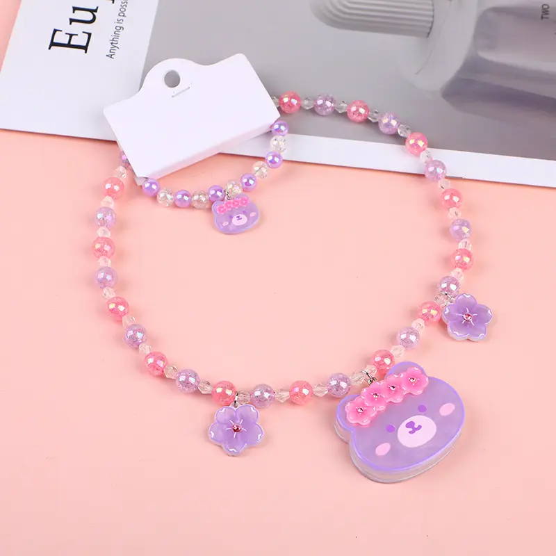 Bear head flower children's necklace-pur