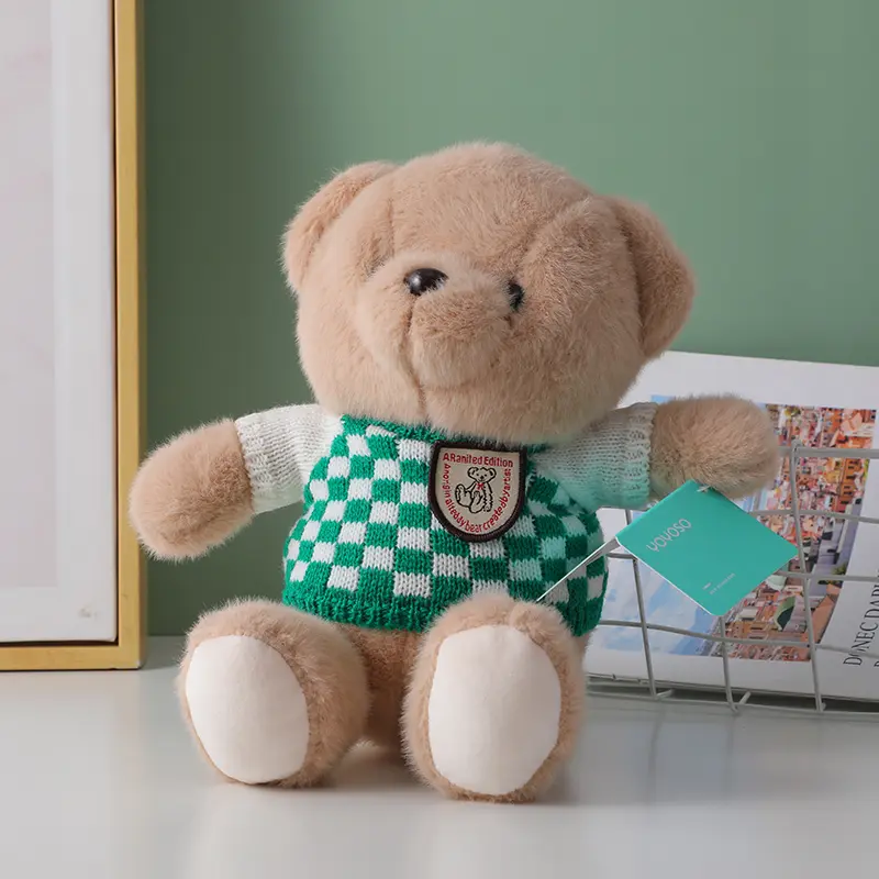 Green checkered sweater bear plush doll-