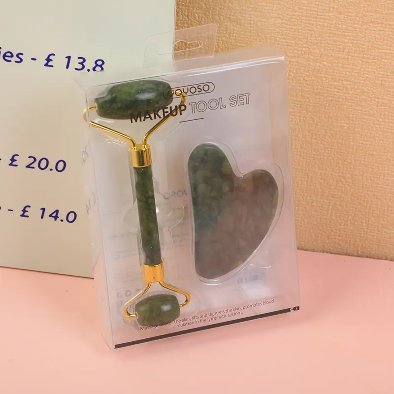 Jade green gua sha tool and roller massager set